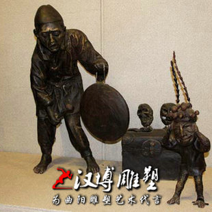 玻璃钢仿铜传统民俗文化艺人街头卖艺耍猴主题人物园林景观雕塑
