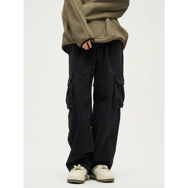 PKL 纯棉重磅水洗工装裤男休闲裤直筒宽松大码美式潮简约军绿长裤