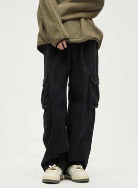 PKL 纯棉重磅水洗工装裤男休闲裤直筒宽松大码美式潮简约军绿长裤