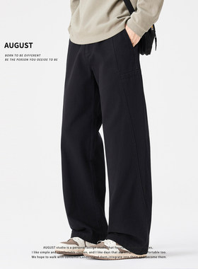 August美式黑色工装裤男款宽松直筒纯棉休闲长裤子秋冬加绒加厚款