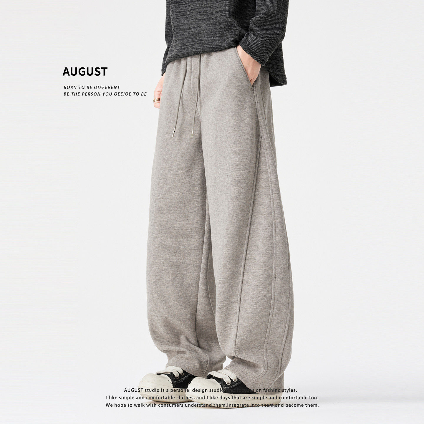 August绵羊毛加绒加厚弯刀裤子男秋冬新款宽松垂感运动休闲长裤男