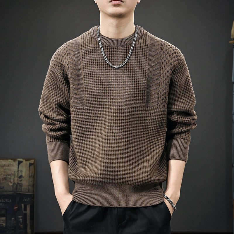 秋冬新款提花粗针圆领毛衣男高端复古潮牌针织衫宽松大码保暖外套