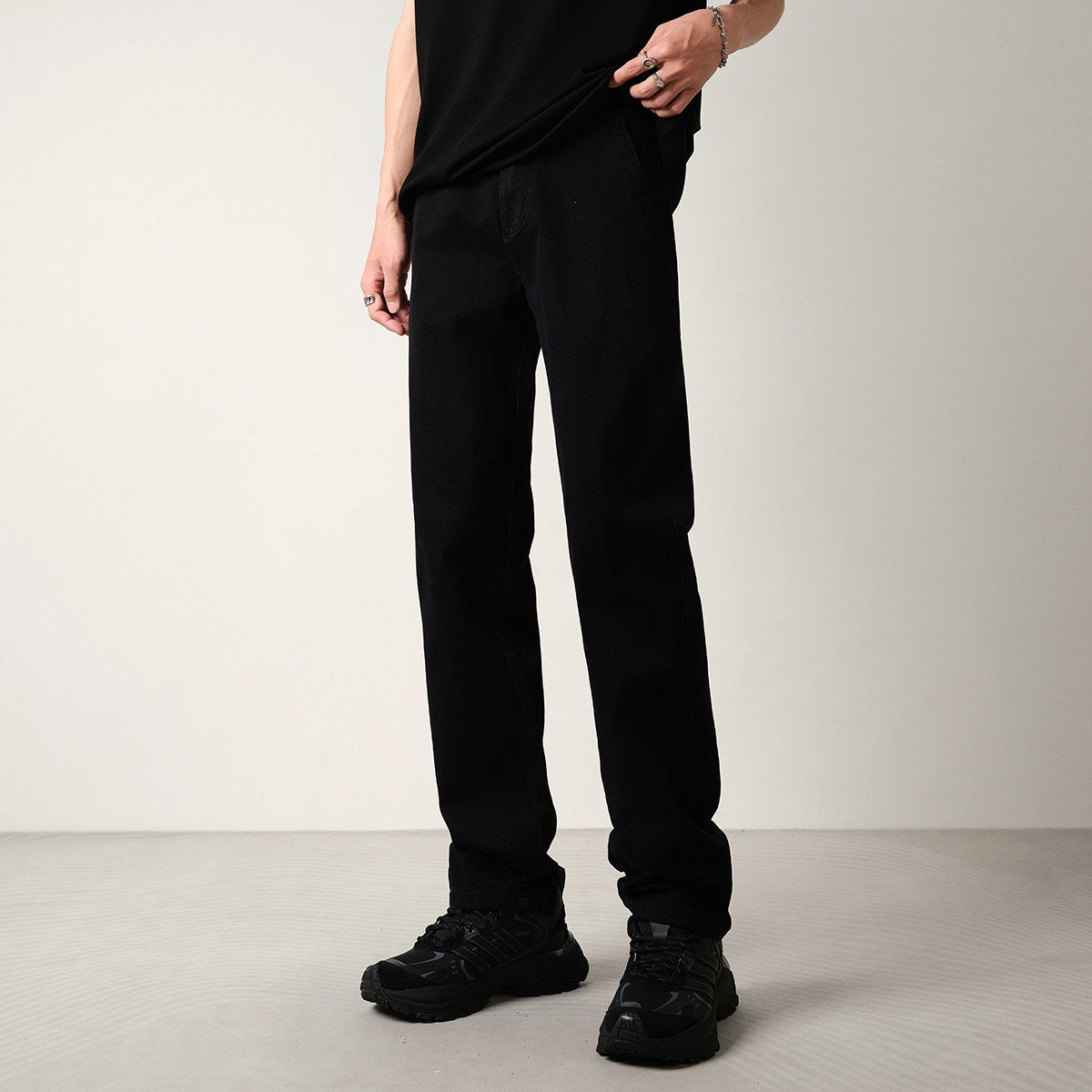 CONVERGES黑色弹力水洗牛仔裤男加绒宽松直筒通勤百搭休闲长裤子