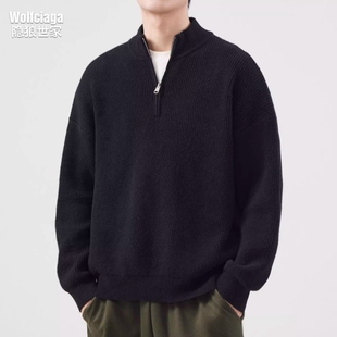 立领半拉链黑色毛衣男士秋冬季加厚外套内搭潮牌男生半高领针织衫