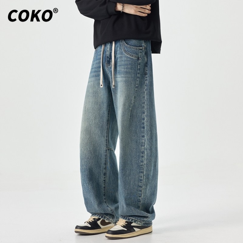 COKO美式高街弯刀牛仔裤男宽松直筒2025秋冬季潮牌阔腿加长裤子男