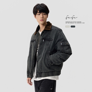 FAFC冬季90白鸭绒复古牛仔灯芯绒羽绒服男加厚保暖翻领工装外套潮