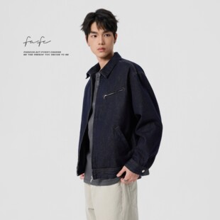 FAFC春季美式复古翻领原色牛仔夹克男款宽松休闲百搭短款工装外套