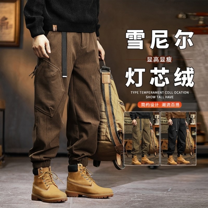 灯芯绒工装裤男2025秋冬新款美式潮牌宽松束脚休闲雪尼尔加绒卫裤