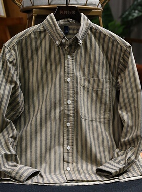复古条纹休闲纯棉高级感衬衫男春秋季雅痞宽松撞色长袖衬衣男士