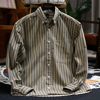 复古条纹休闲纯棉高级感衬衫男春秋季雅痞宽松撞色长袖衬衣男士