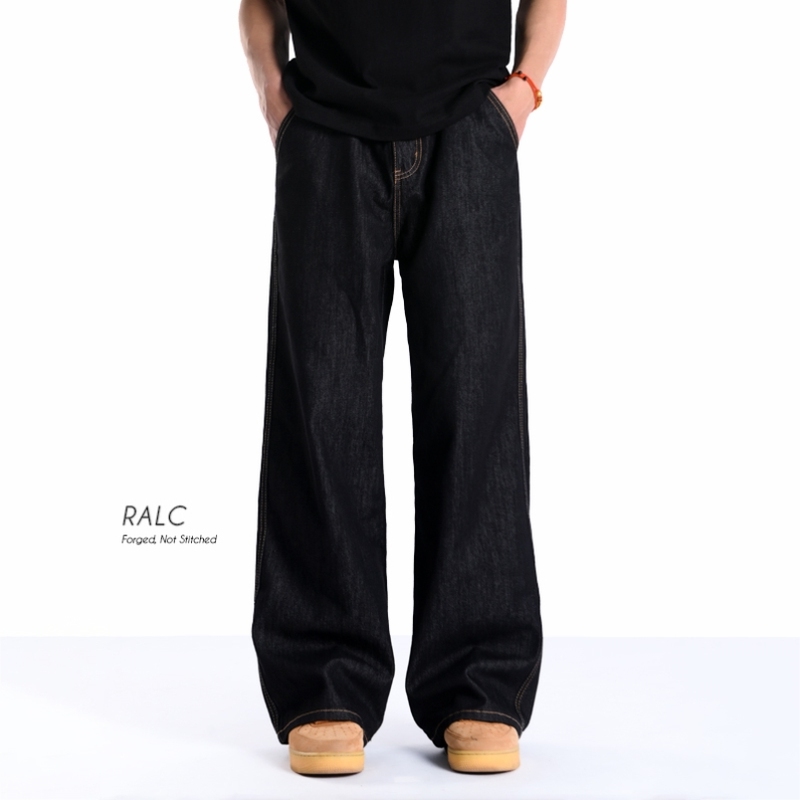 RALC原牛黑复古经典牛仔裤茶色明线男宽松直筒阔腿赤耳丹宁A字裤