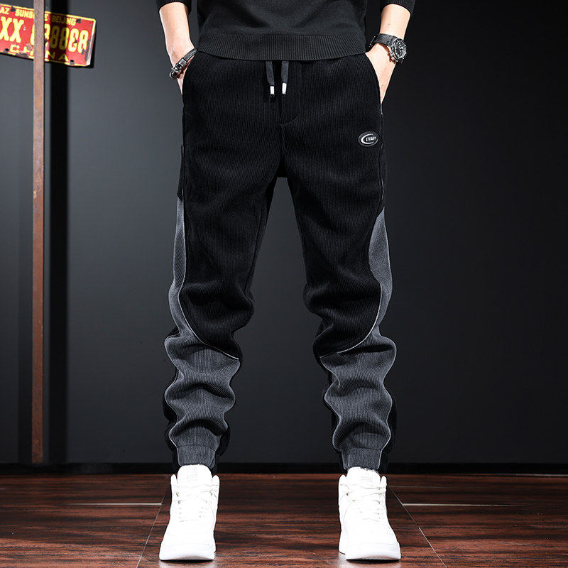 秋冬季大码潮牌休闲裤男士痞帅灯芯绒运动卫裤加绒加厚哈伦裤男款