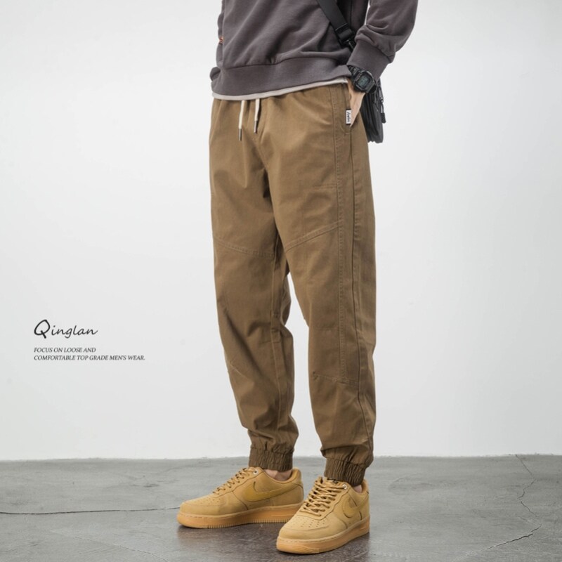 轻澜卡其色休闲裤男宽松束脚大码工装秋冬款纯棉裤子男款加绒加厚