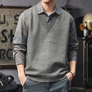 英伦风V领针织马甲男款秋冬季叠穿背心毛衣高级感学院风休闲上衣