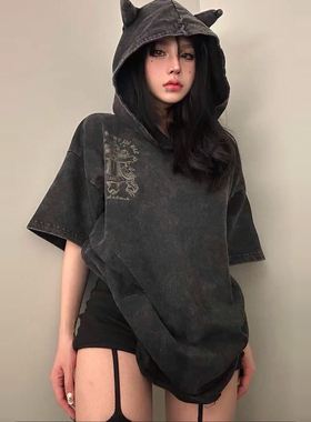 ZCNT欧美高街十字架印花连帽短袖T恤男设计感水洗黑色半袖体恤