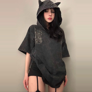 ZCNT欧美高街十字架印花连帽短袖T恤男设计感水洗黑色半袖体恤