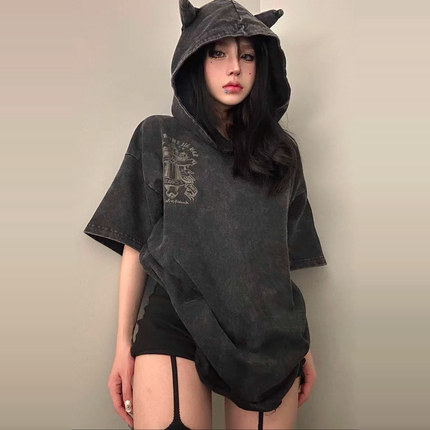 ZCNT欧美高街十字架印花连帽短袖T恤男设计感水洗黑色半袖体恤