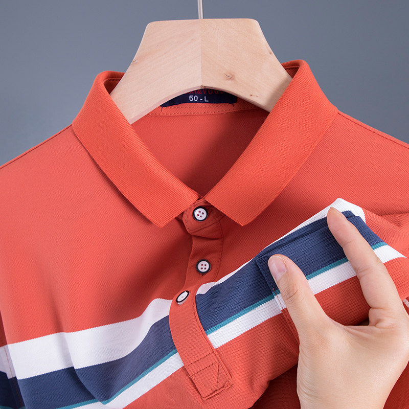 男士POLO衫短袖t恤中年爸爸夏装有翻领带口袋冰丝上衣服条纹