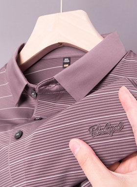 夏季男士POLO衫短袖t恤冰丝光棉poll中年爸爸装条纹上衣服