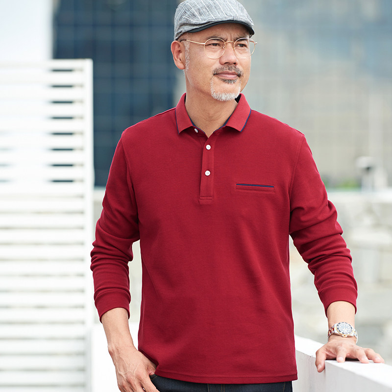 男士长袖t恤中老年秋装上衣服纯棉秋衣红色喜爸爸婚宴装结婚公公