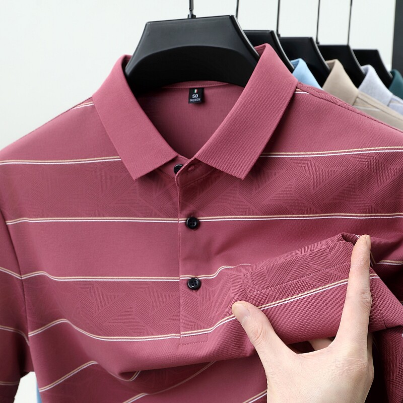 真口袋~男士新款冰丝凉感短袖T恤中年爸爸夏装翻领条纹polo衫上衣