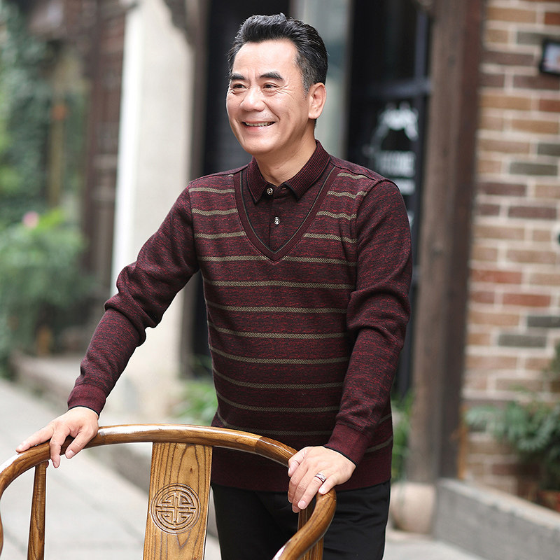 男士毛衣打底针织衫秋冬季上衣服中年爸爸装真假两件加绒条纹毛衣