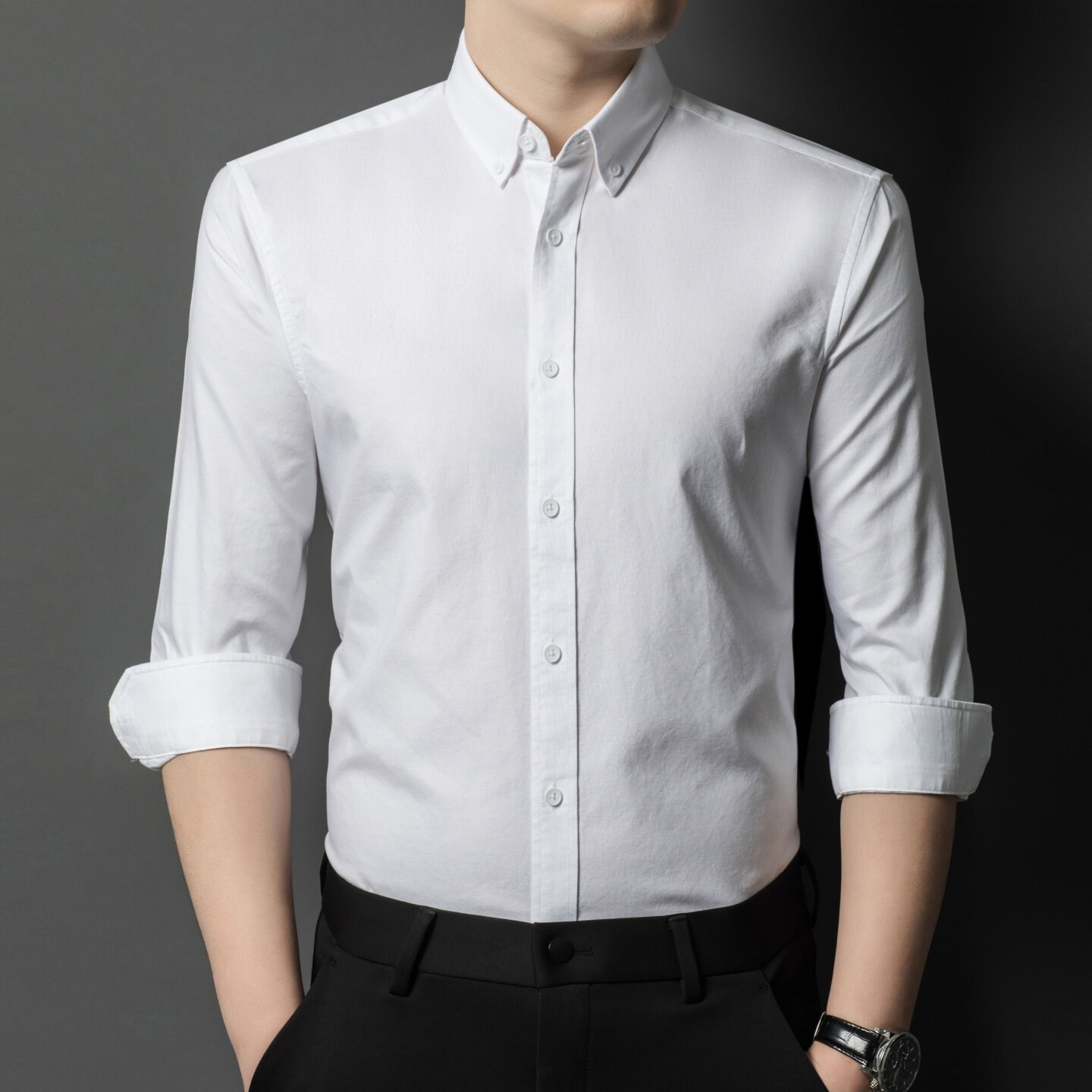 中年长袖衬衫衣男士外套潮衬衣春秋季衫衬衣秋衣外穿秋装上衣纯色