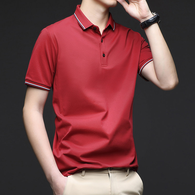 男士丝光棉POLO衫短袖t恤中年爸爸婚宴夏装本命年红色结婚礼服装