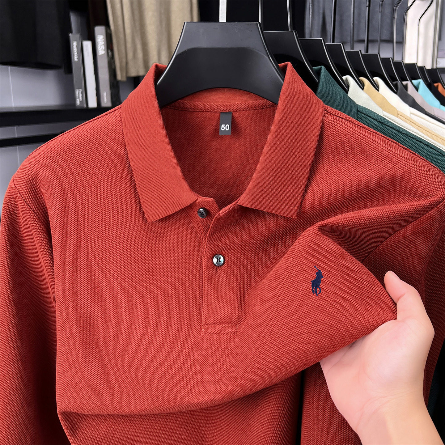秋季新款男士长袖上衣休闲爸爸polo装t恤红色中老年薄款翻领