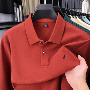 秋季新款男士长袖上衣休闲爸爸polo装t恤红色中老年薄款翻领