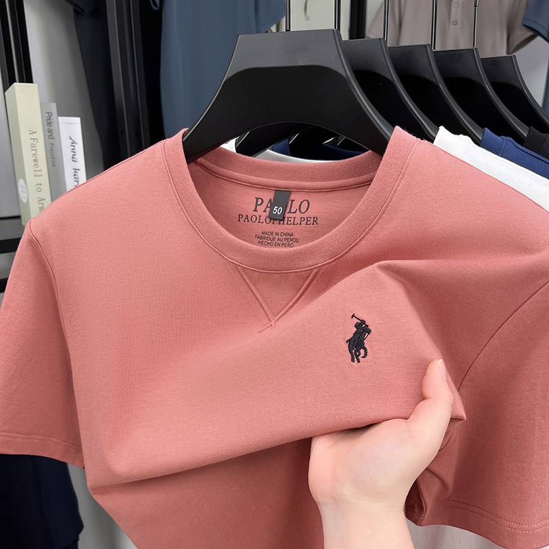 100%纯棉男士夏季POLO衫粉色短袖t恤中年爸爸装显年轻圆领上衣服