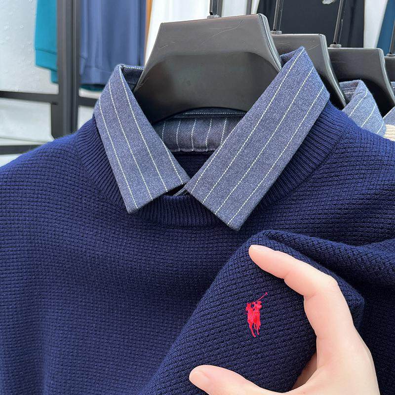 2024男士秋冬季新款衬衫领秋衣毛衣针织爸爸装假两件上衣服打底衫