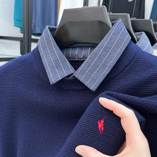 2024男士秋冬季新款衬衫领秋衣毛衣针织爸爸装假两件上衣服打底衫