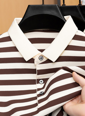 中年男士夏季新款POLO衫上衣服短袖t恤poli爸爸夏装plol冰丝条纹