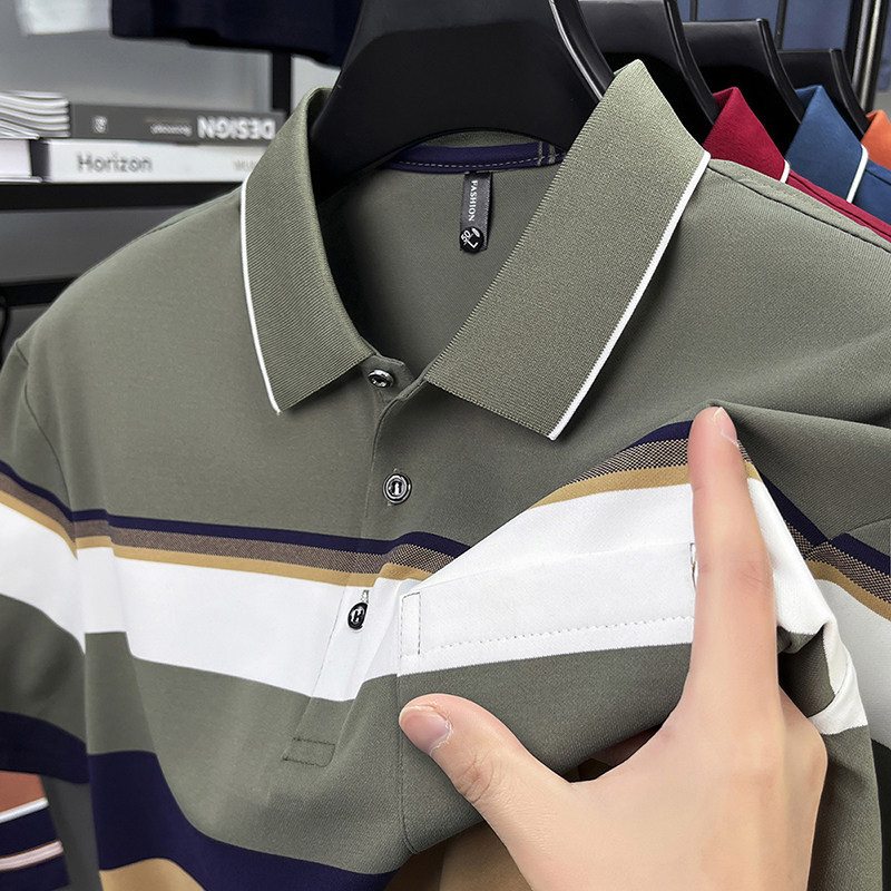 【真口袋】男士夏季短袖polo衫T恤中年爸爸装冰丝色织条纹上衣服