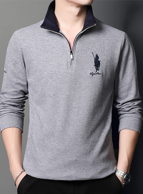 男士长袖t恤爸爸春秋装上衣保罗POLO衫纯棉plol卫衣立领拉链p0lo