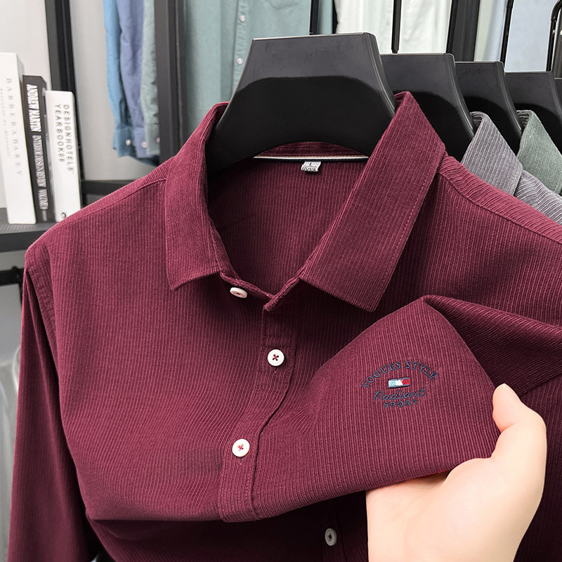 男士纯棉灯芯绒红色长袖衬衫爸爸装春秋季本命年喜公公结婚宴上衣