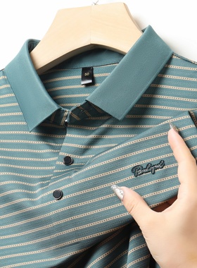 2025男士夏季短袖T恤中年爸爸poko夏装polo衫冰丝条纹上衣新款