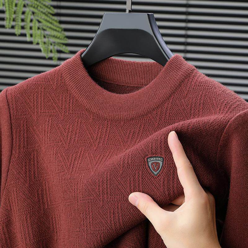 中年男士春秋冬季单穿圆领毛衣本命年爸爸红色打底上衣针织衫卫衣