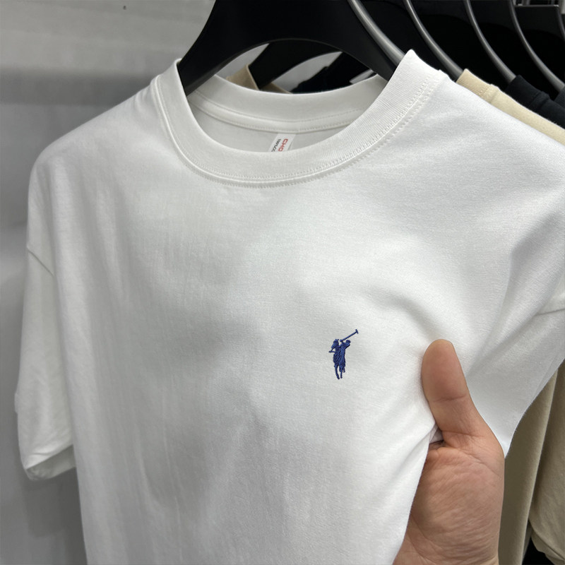 100%纯棉~男士夏季新款圆领短袖T恤中年爸爸装全棉保罗刺绣上衣服