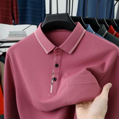 男士春秋季长袖T恤中年爸爸装poli翻领真口袋上衣粉色年轻POLO衫