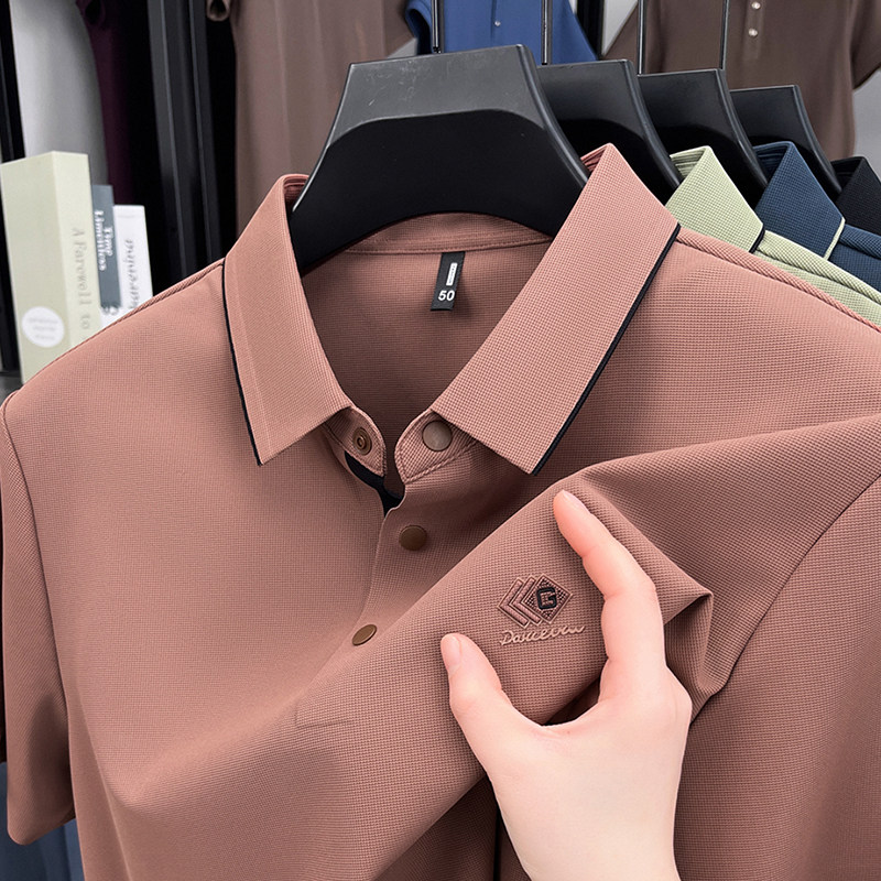 2025男士夏季t恤红色短袖冰丝中年爸爸装凉感上衣翻有带领上衣服