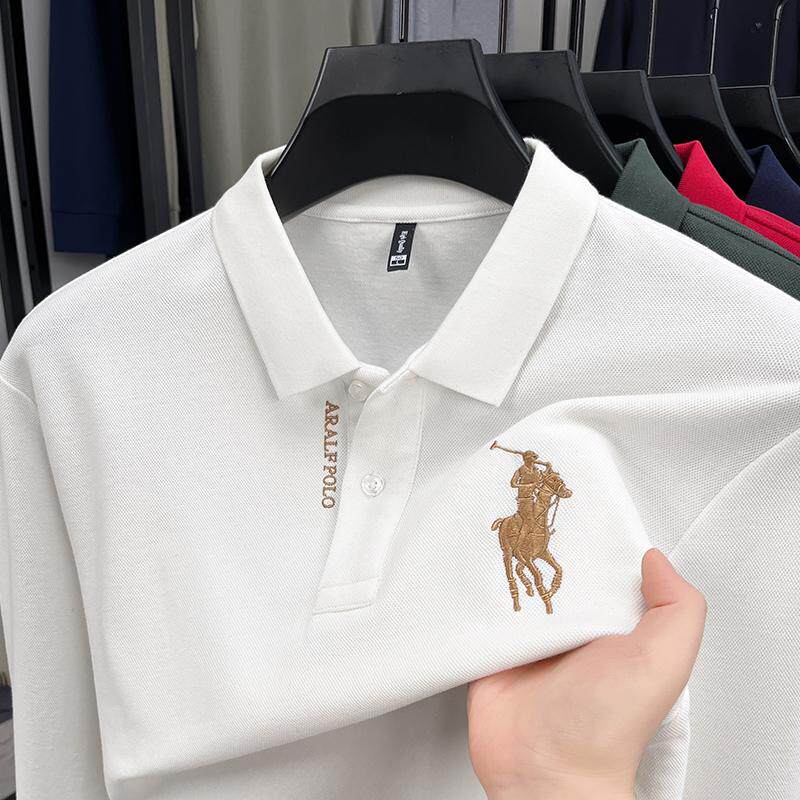 春秋季100%纯棉男士长袖T恤上衣服中年爸爸装翻有带领高档polo衫