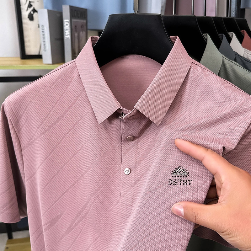 男士夏季新款冰丝粉色短袖T恤中年爸爸装显年轻翻领polo衫上衣服