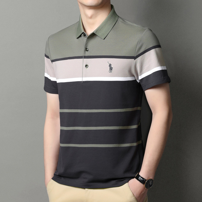 男士短袖条纹POLO衫中年爸爸夏装冰丝纯棉上衣服刺绣翻领T恤