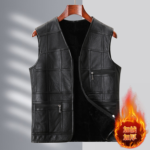 中老年男士秋冬季新款纯羊皮马甲加绒中年爸爸装加绒背心内搭外穿