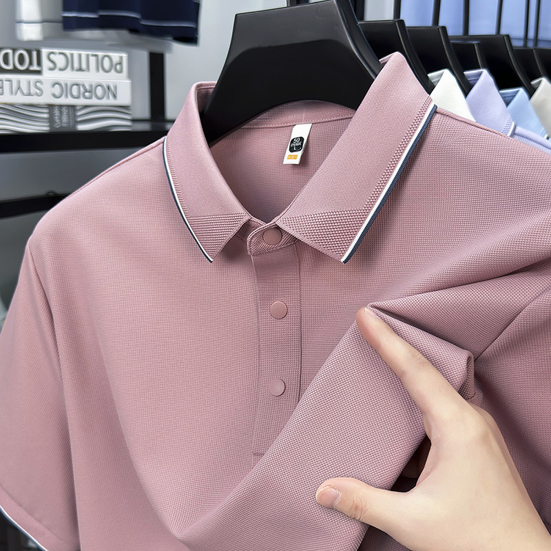 男士夏季新款冰丝粉色短袖T恤爸爸装有带领polo衫显年轻无痕上衣
