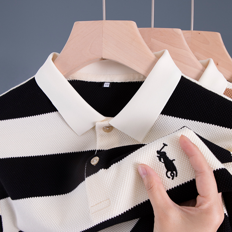 爸爸夏装上衣服条纹战马刺绣plol