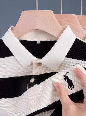 男士短袖T恤polo衫纯棉中年爸爸夏装上衣服条纹战马刺绣plol