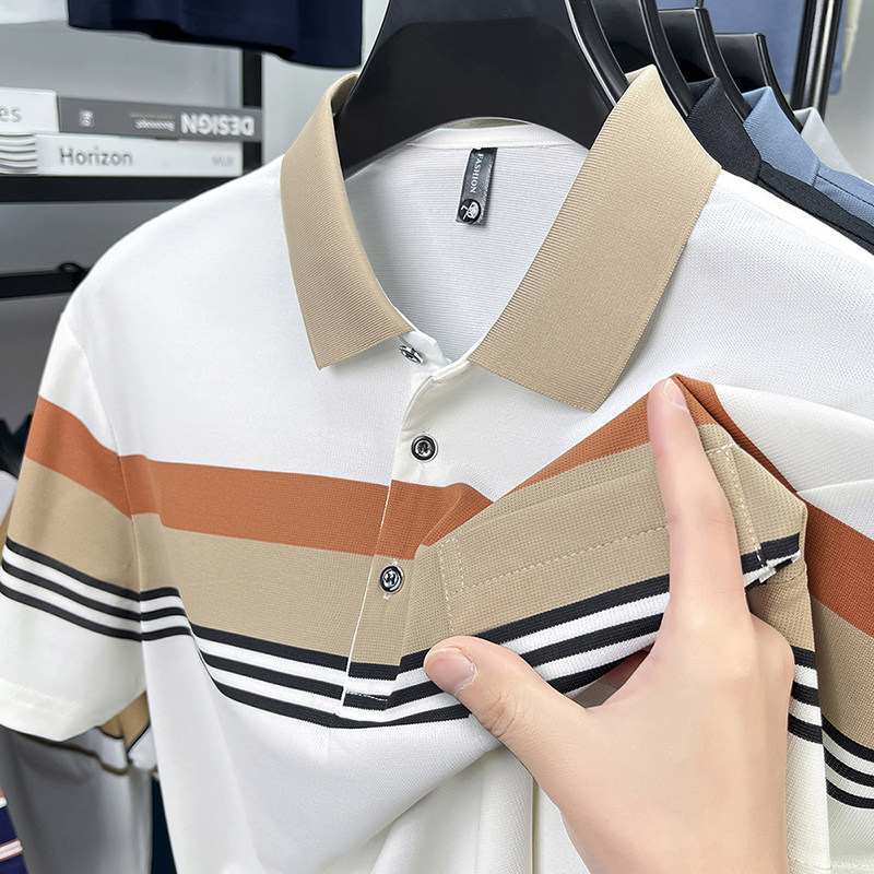 【真口袋】男士夏季冰丝短袖t恤中年爸爸装色织条纹polo衫上衣服